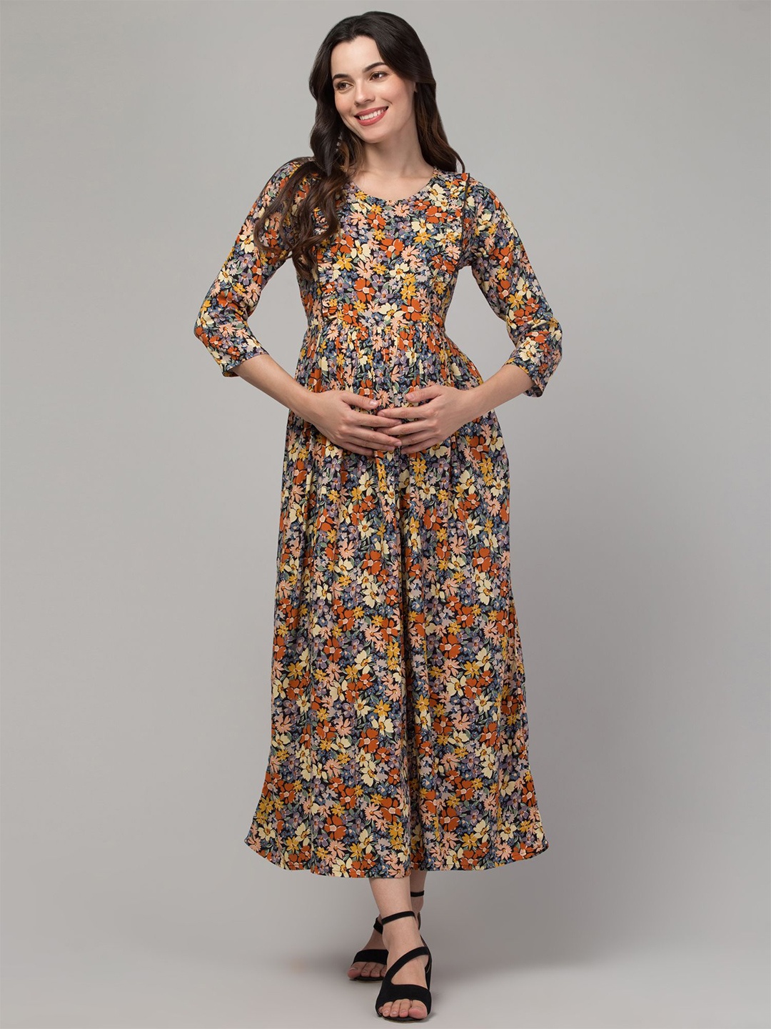 

Zuvino Women Floral Printed Maternity Fit & Flare Maxi Dress, Black