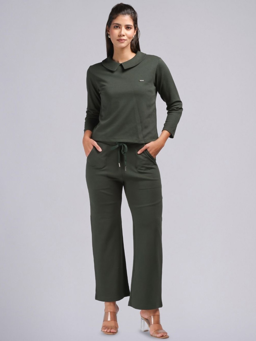

PUREMIST Peter Pan Collar Three-quarter Sleeves Top With Trouser, Green