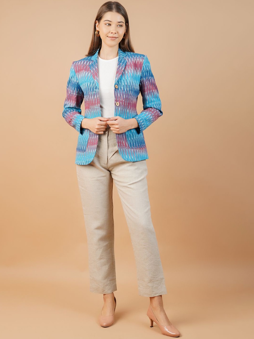 

INDOPHILIA Ikat Printed Cotton Single Breasted Blazer, Blue