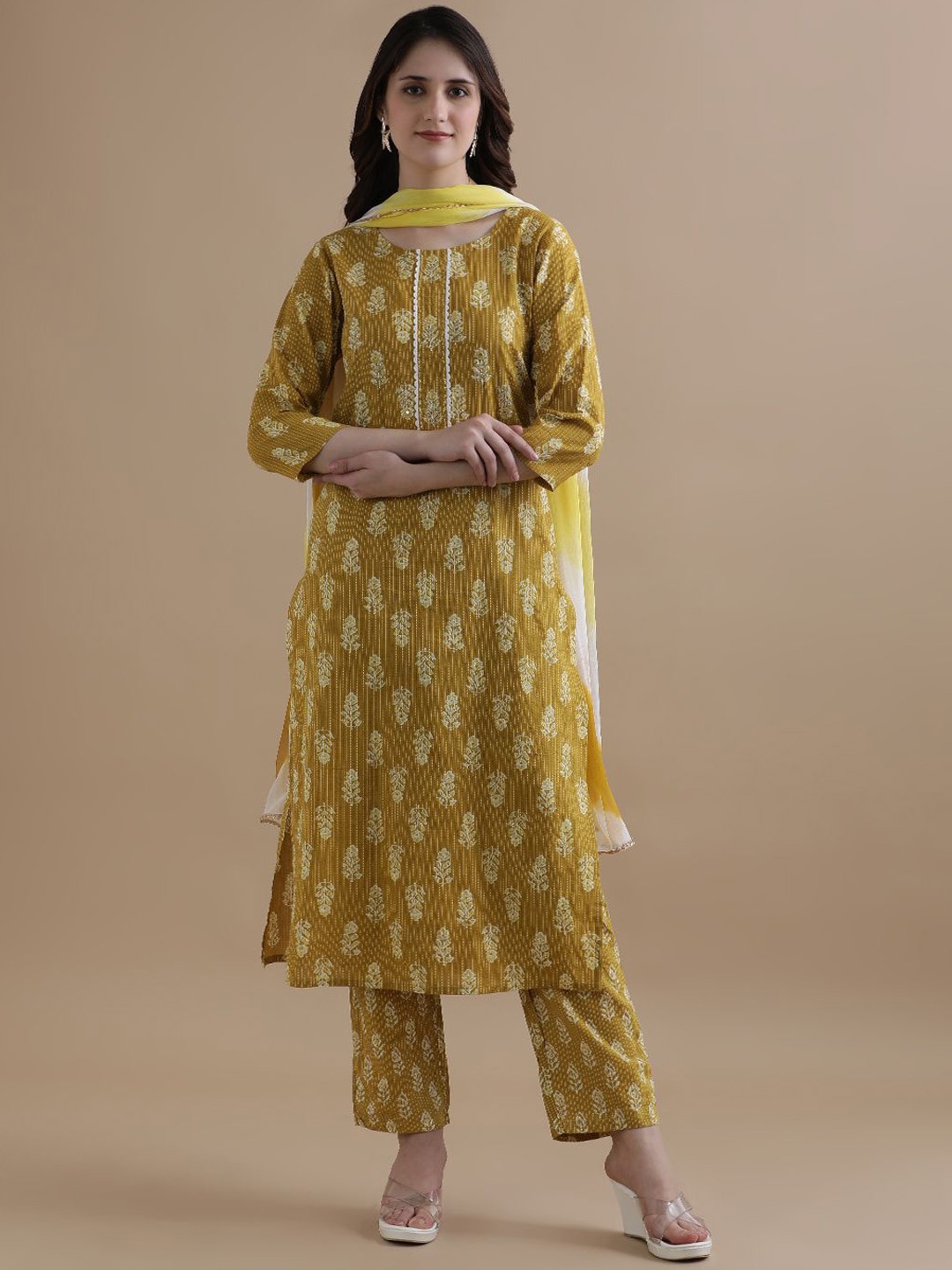 

Jaipur Kurti Floral Printed Kantha Work Pure Cotton Kurta with Trouser & Dupatta, Mustard