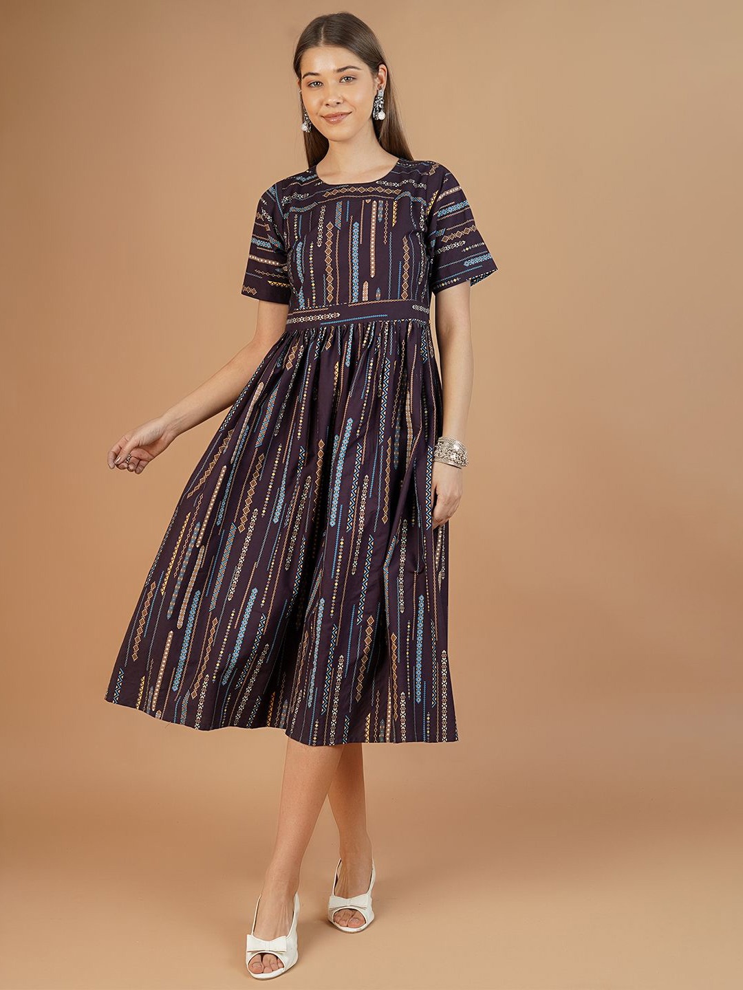 

INDOPHILIA Women Geometric Printed Fit and Flare Midi Dress, Purple