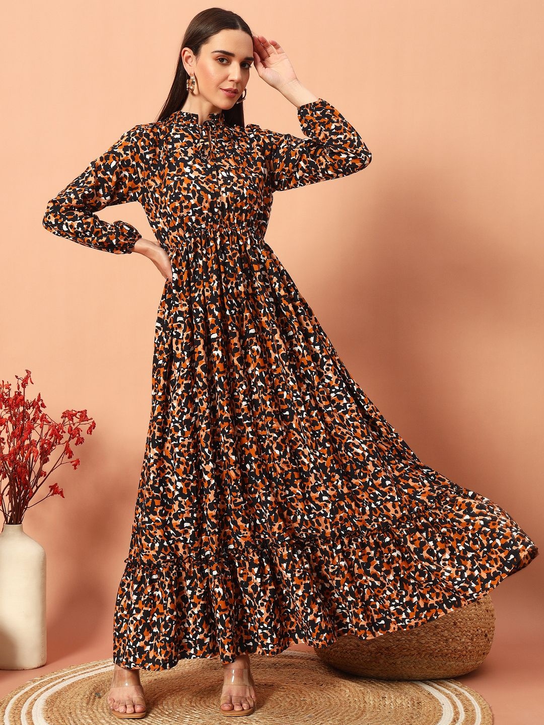 

ZWERLON Floral Printed Tie-Up Neck Bishop Sleeves Tiered Maxi Dress, Black