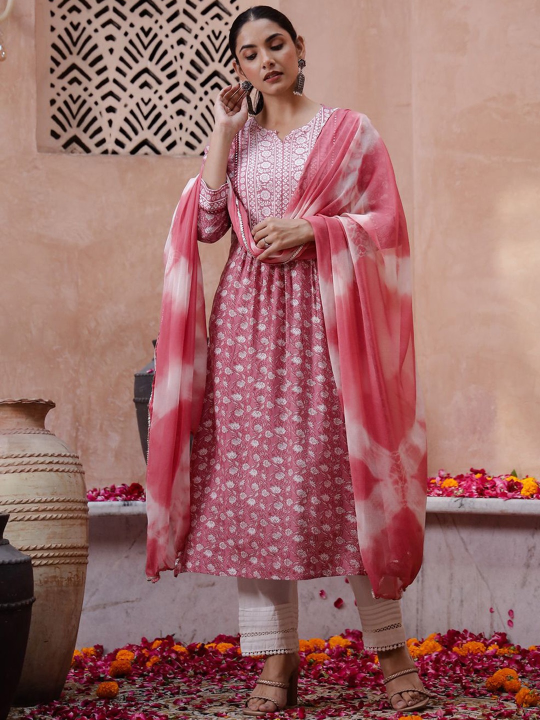 

RangDeep Notch Neck Floral Printed Mirror Work A-Line Kurta with Trouser & Dupatta, Peach