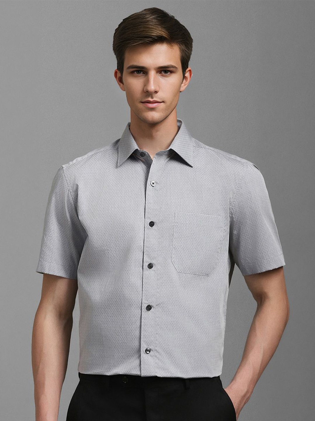 

Louis Philippe Men Classic Spread Collar Textured Cotton Formal Shirt, Grey