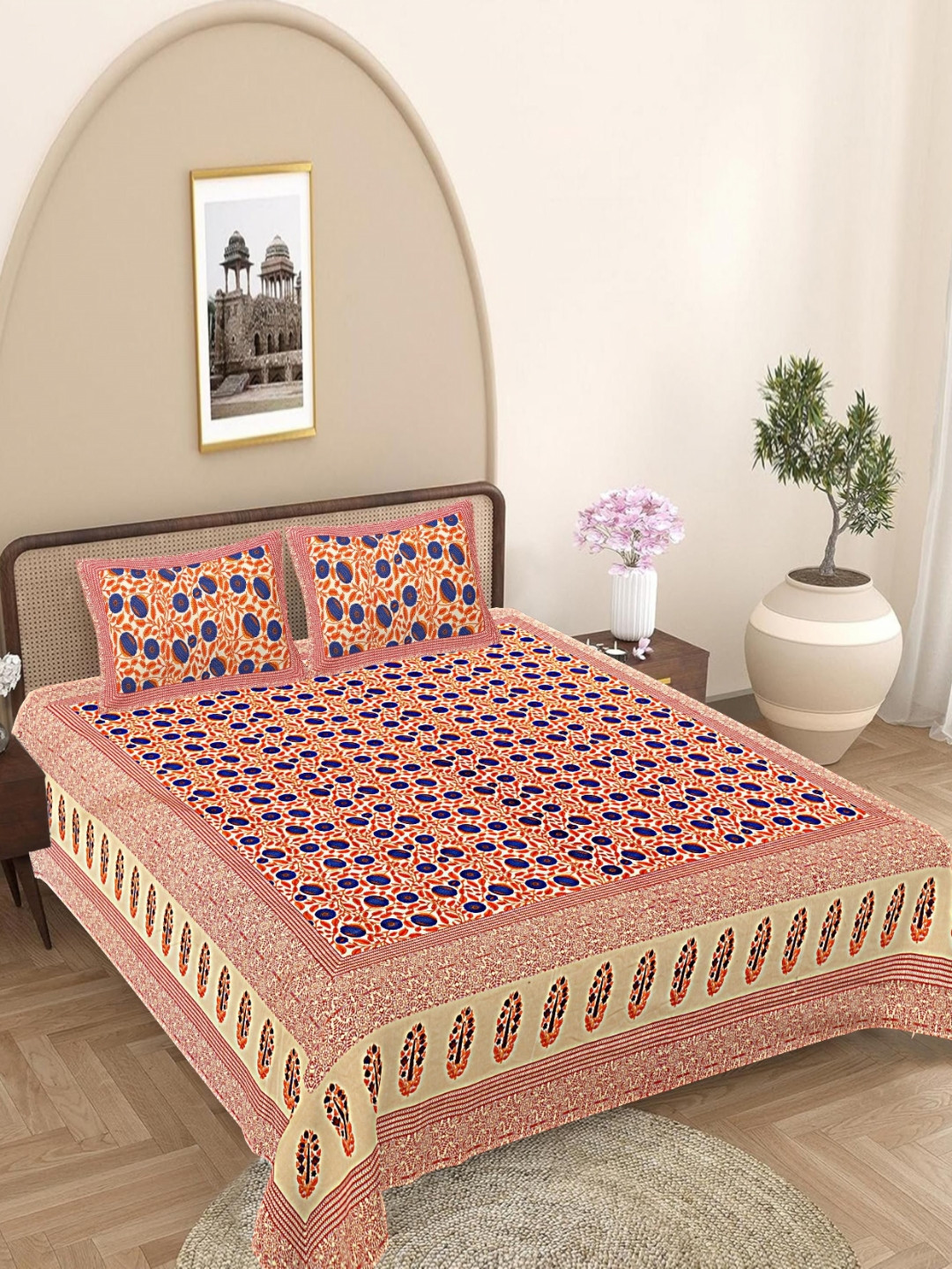 

FrionKandy Living Orange Colored Printed Cotton 180 TC King Bedsheet Set 2.74 x 2.69 m