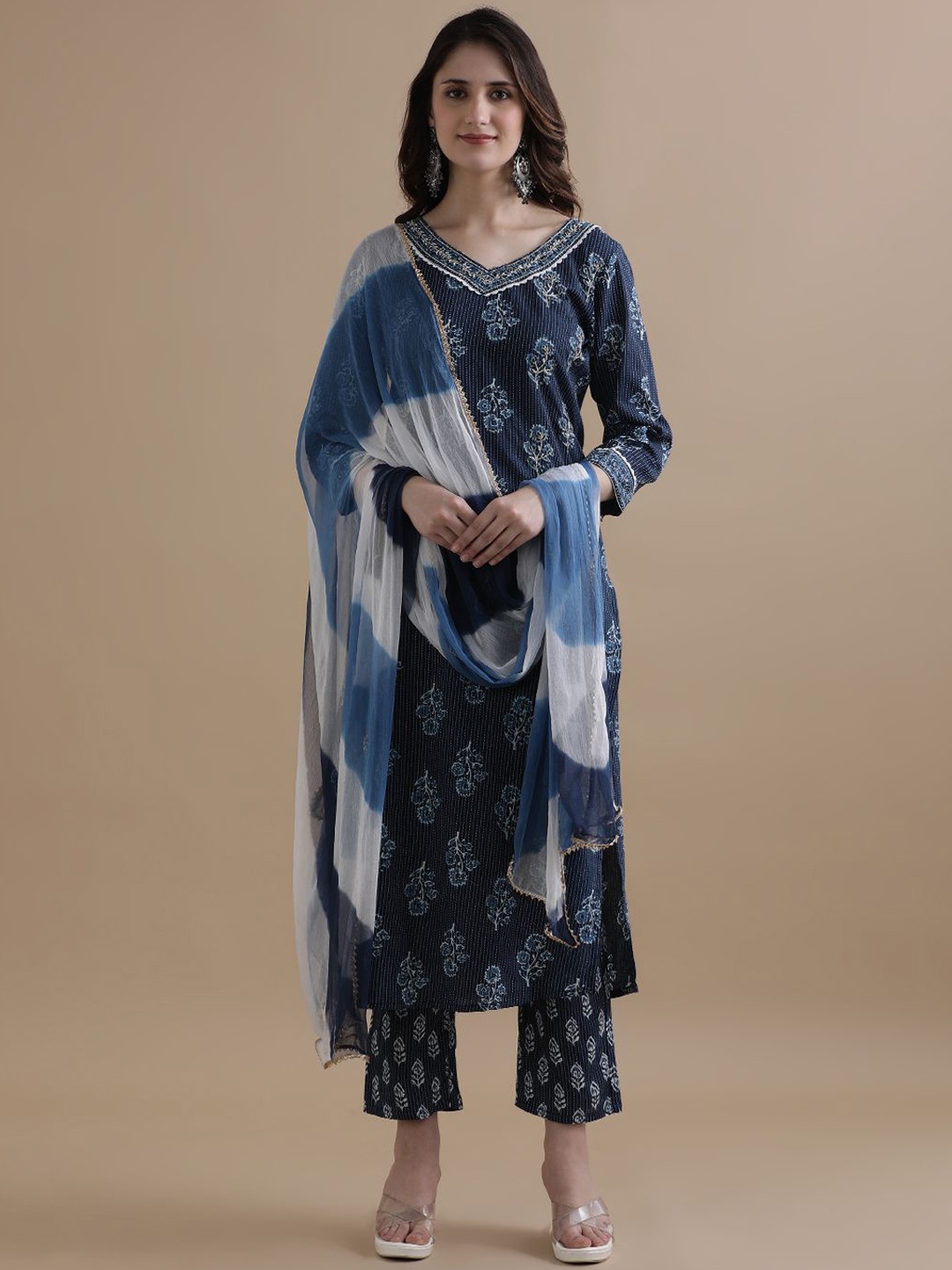 

Jaipur Kurti Floral Printed Kantha Work Pure Cotton Kurta with Trouser & Dupatta, Navy blue