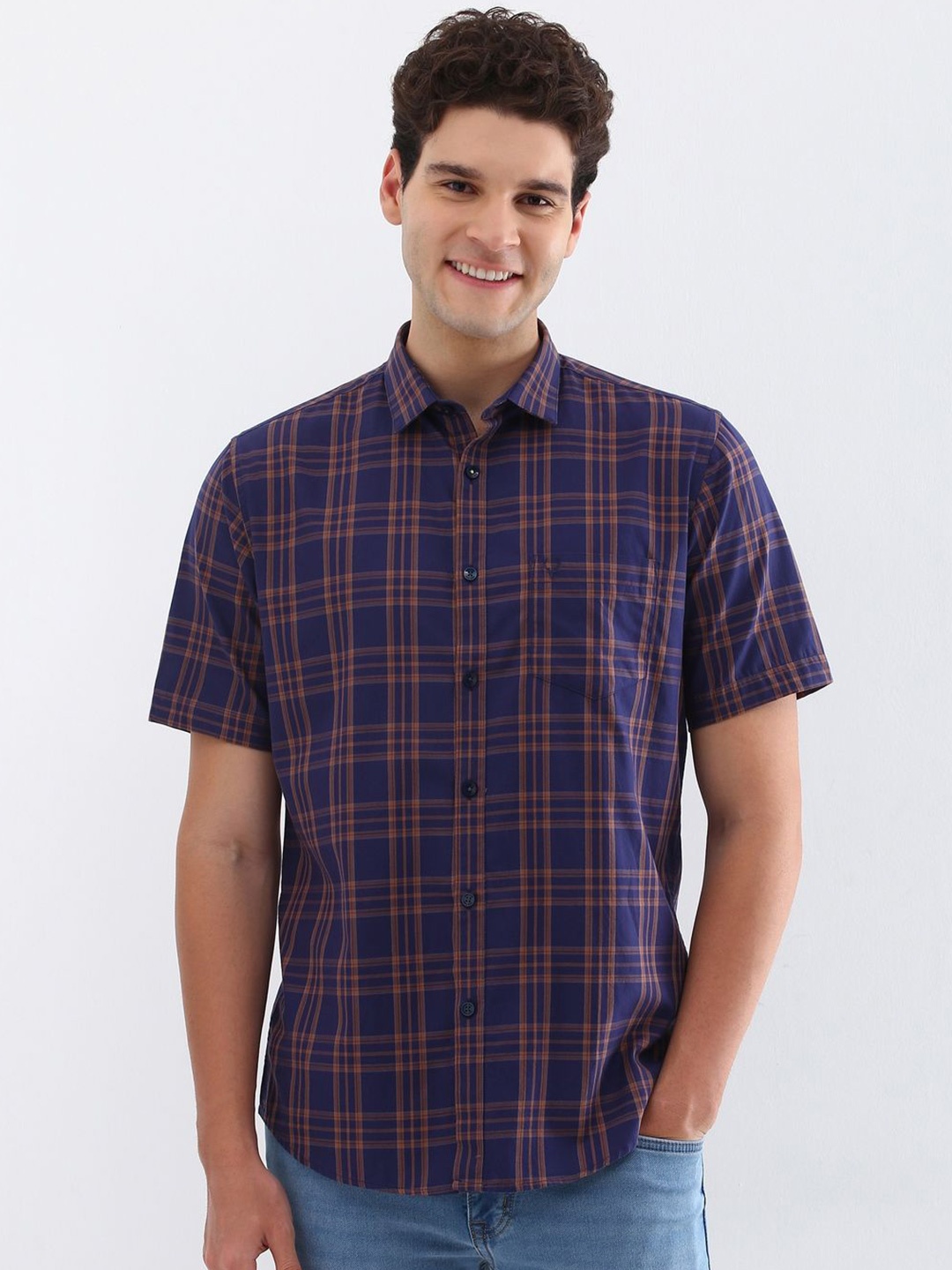 

Allen Solly Men Spread Collar Tartan Checked Cotton Slim Fit Casual Shirt, Navy blue