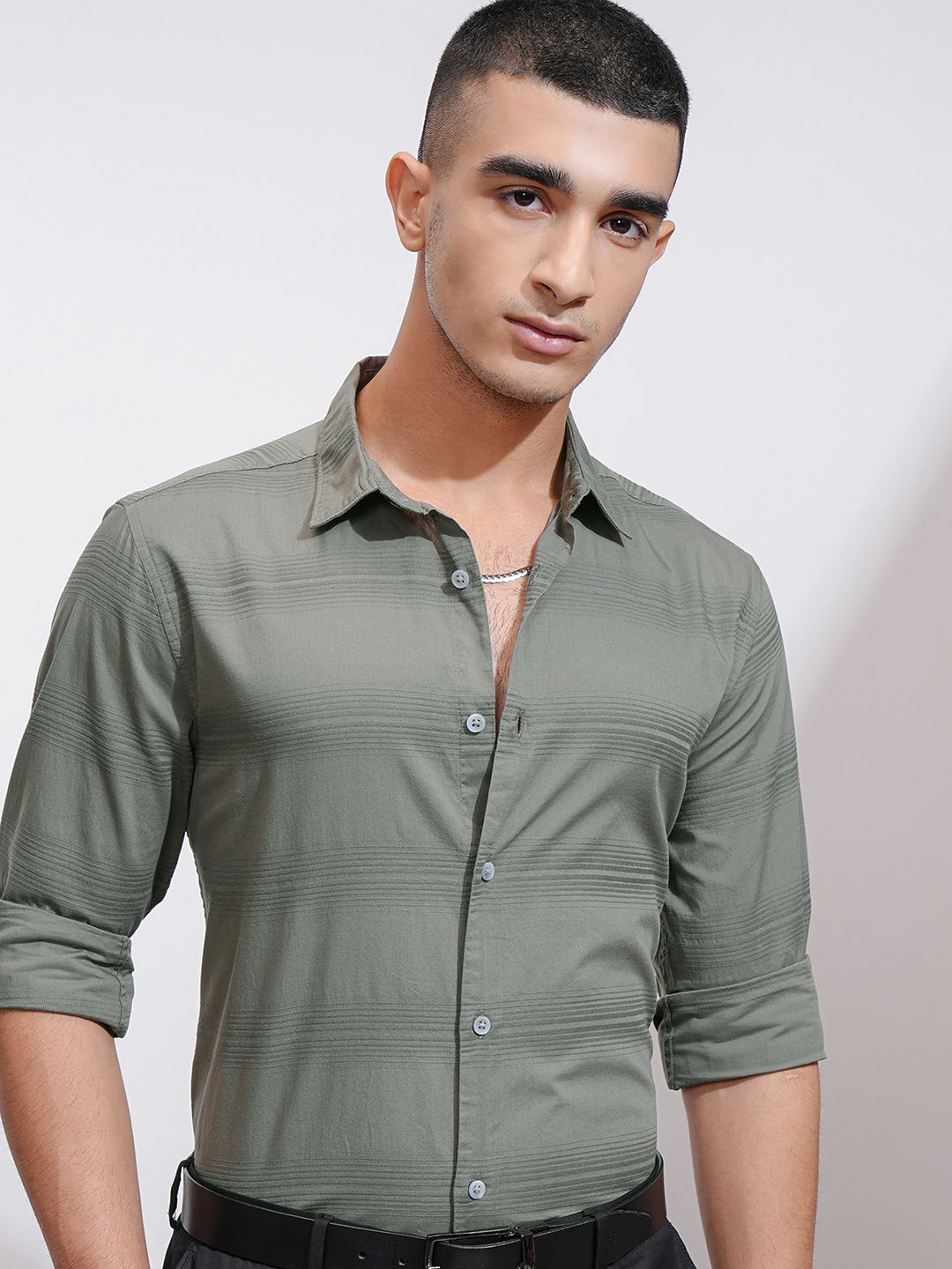 

Highlander Men Dark Olive Dobby Textured Striped Casual Regular Fit Shirt, Green