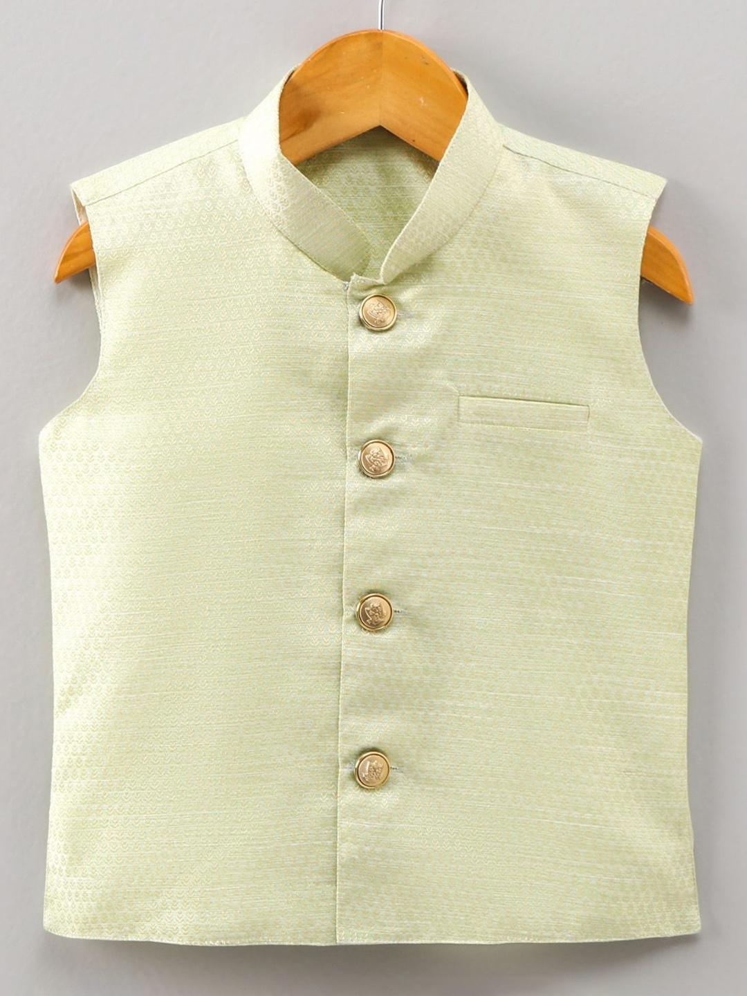 

Pehanaava Boys Mandarin Collar Woven Nehru Jacket, Green