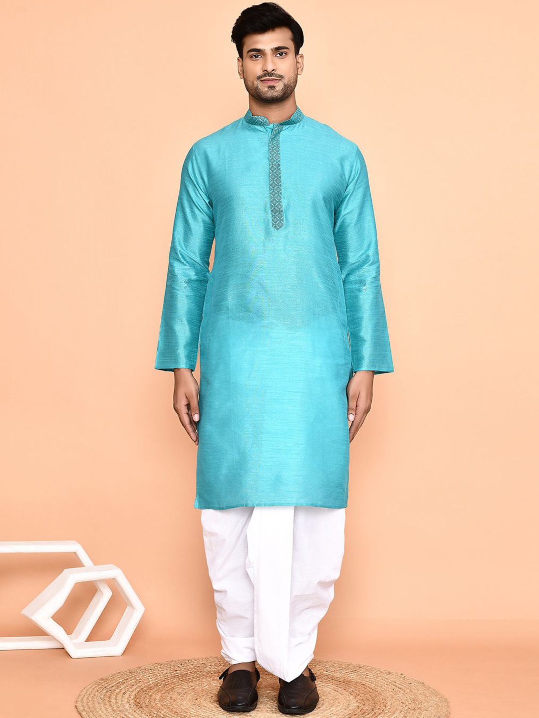 

Arihant Rai Sinha Mandarin Collar Straight Kurta With Dhoti Pants, Blue