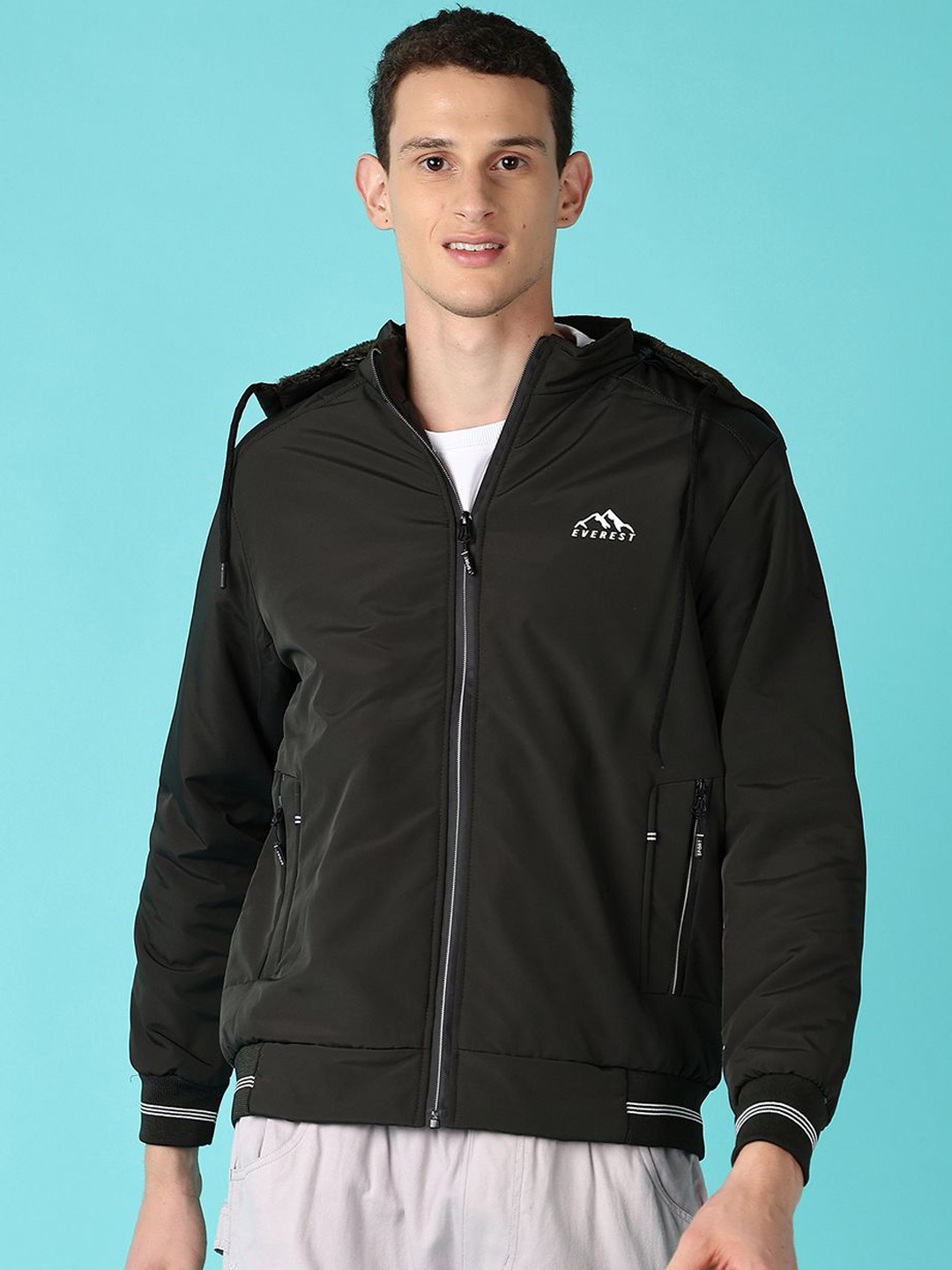 

V-Mart Men Hooded Solid Cotton Casual Bomber Jacket, Charcoal