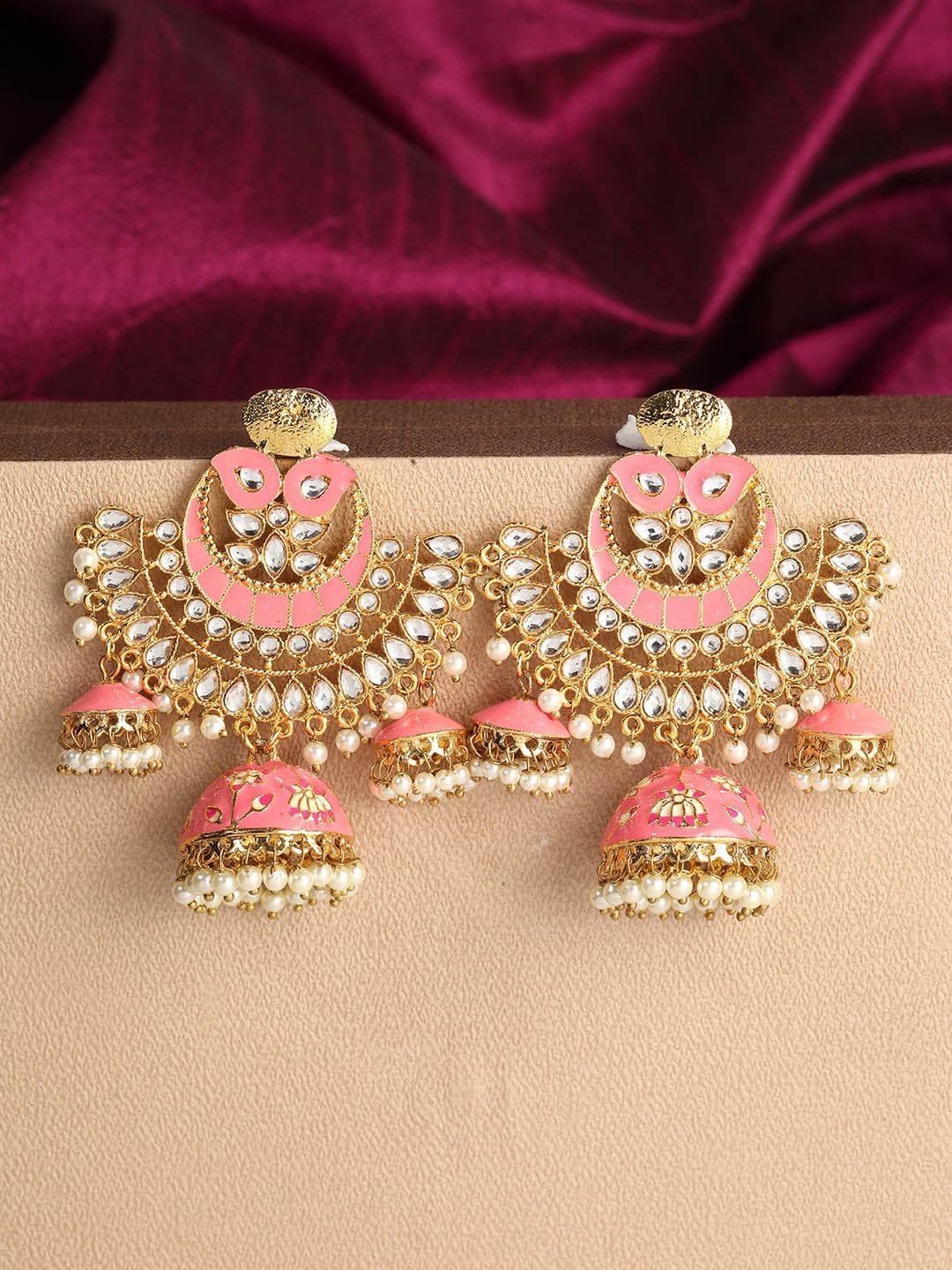 

Anouk Pink Gold Plated Kundan Studded & Beaded Contemporary Meenakari Jhumkas