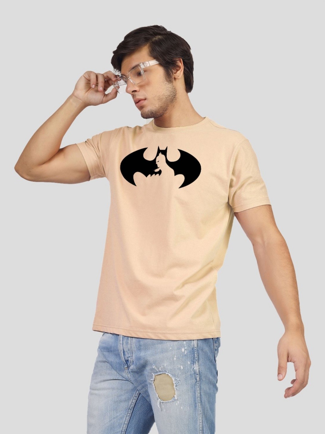 

Greylongg Men Graphic Printed Round Neck Cotton Batman T-shirt, Beige