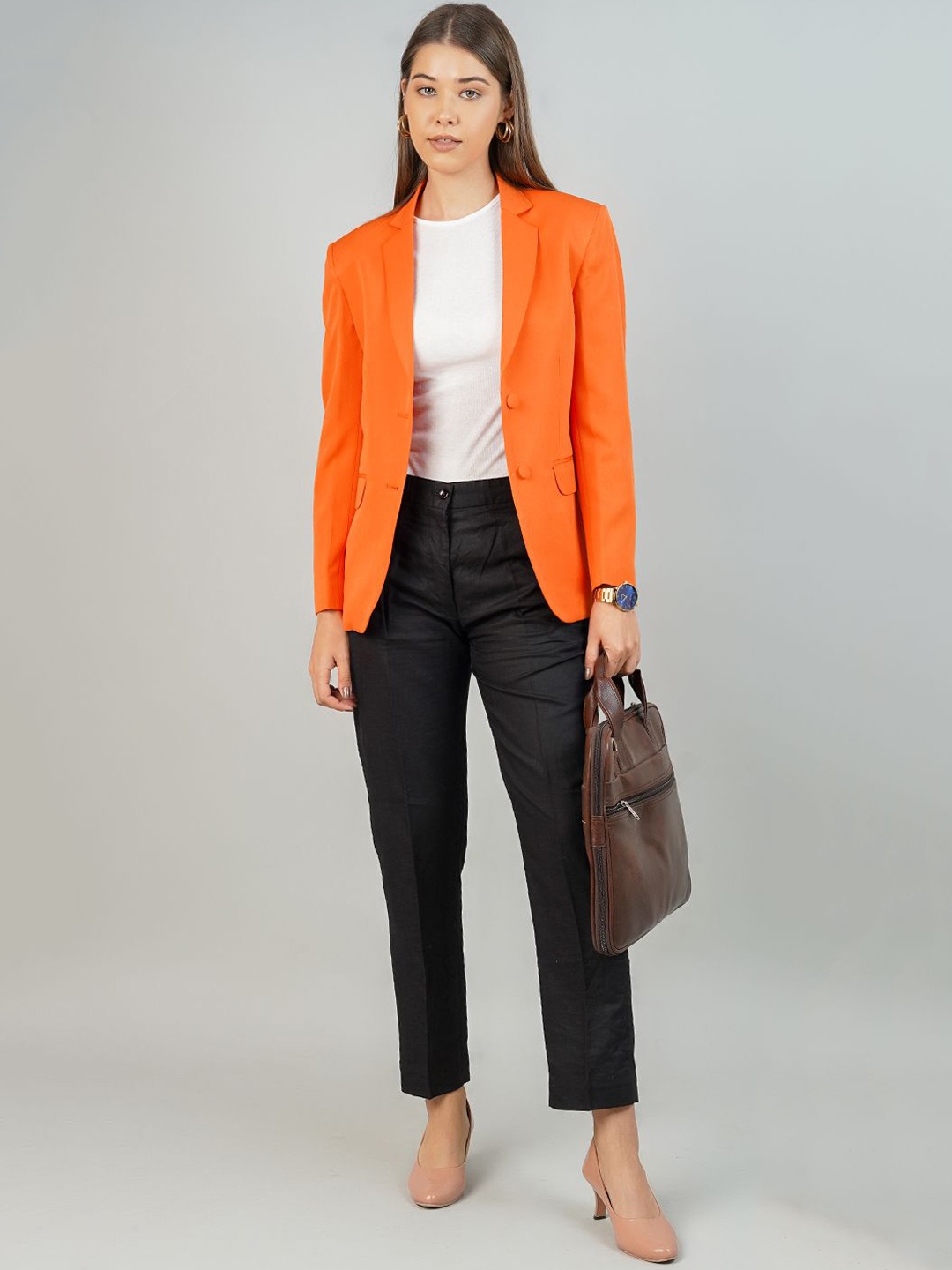 

INDOPHILIA Notched Lapel Collar Single Breasted Blazers, Orange