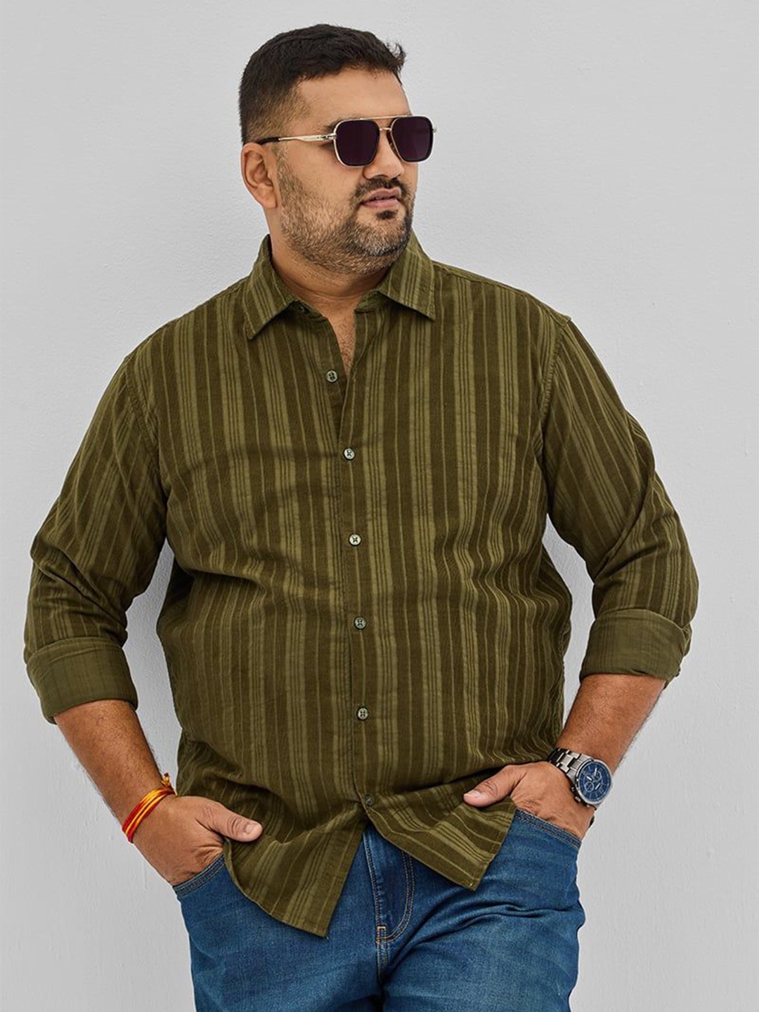 

Snitch Plus Size Men Classic Spread Collar Striped Cotton Casual Shirt, Olive