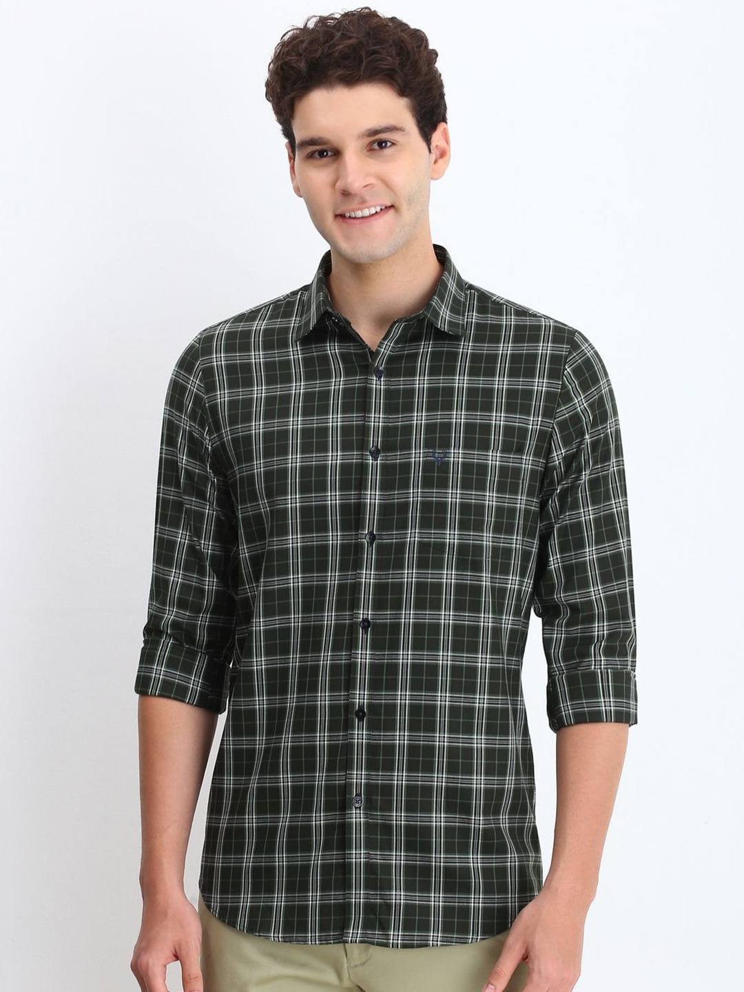 

Allen Solly Men Spread Collar Tartan Checked Cotton Slim Fit Casual Shirt, Olive