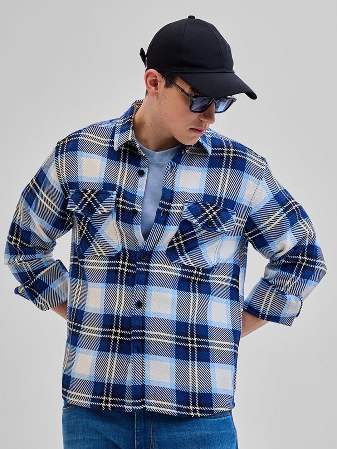 

Snitch Smart Spread Collar Tartan Checked Cotton Shacket, Blue