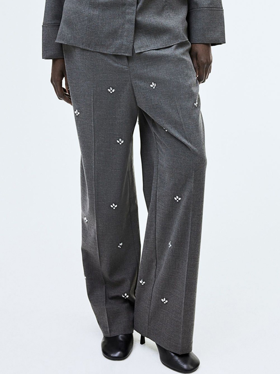 

H&M Rhinestone-Embellished Trousers, Grey