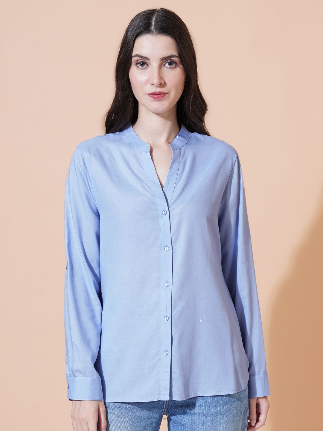 

Mast & Harbour Women Relaxed Mandarin Collar Solid Cotton Oversized Casual Shirt, Blue