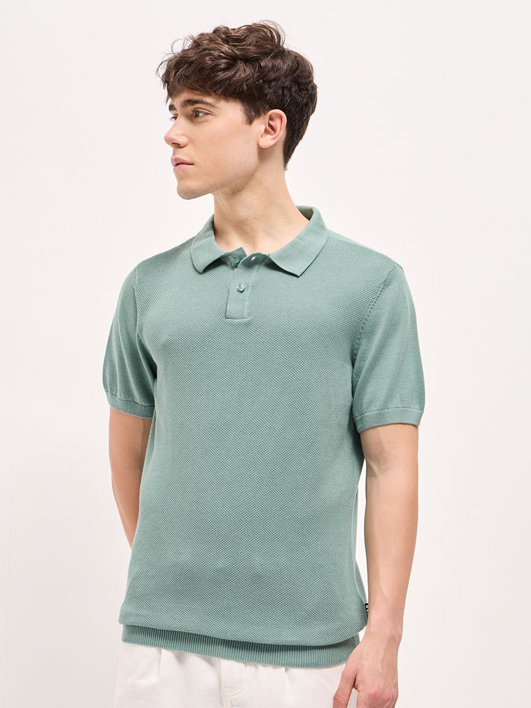 

THE BEAR HOUSE Men Solid Polo Collar Cotton T-shirt, Green