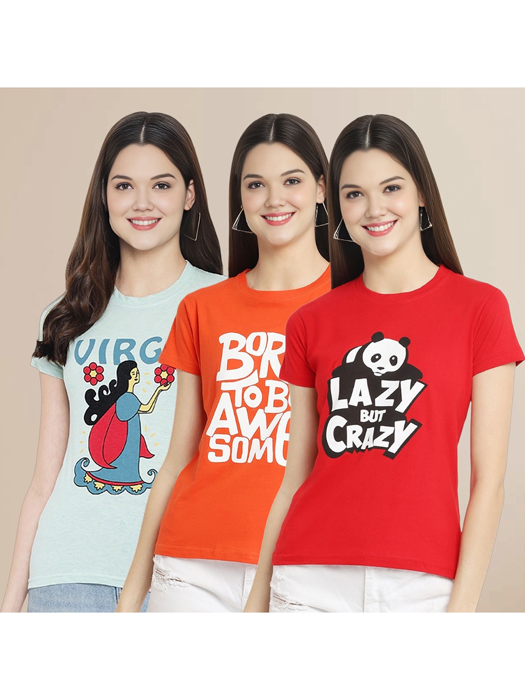 

Metronaut Women Pack Of 3 Typography Printed Round Neck Cotton T-shirts, Red