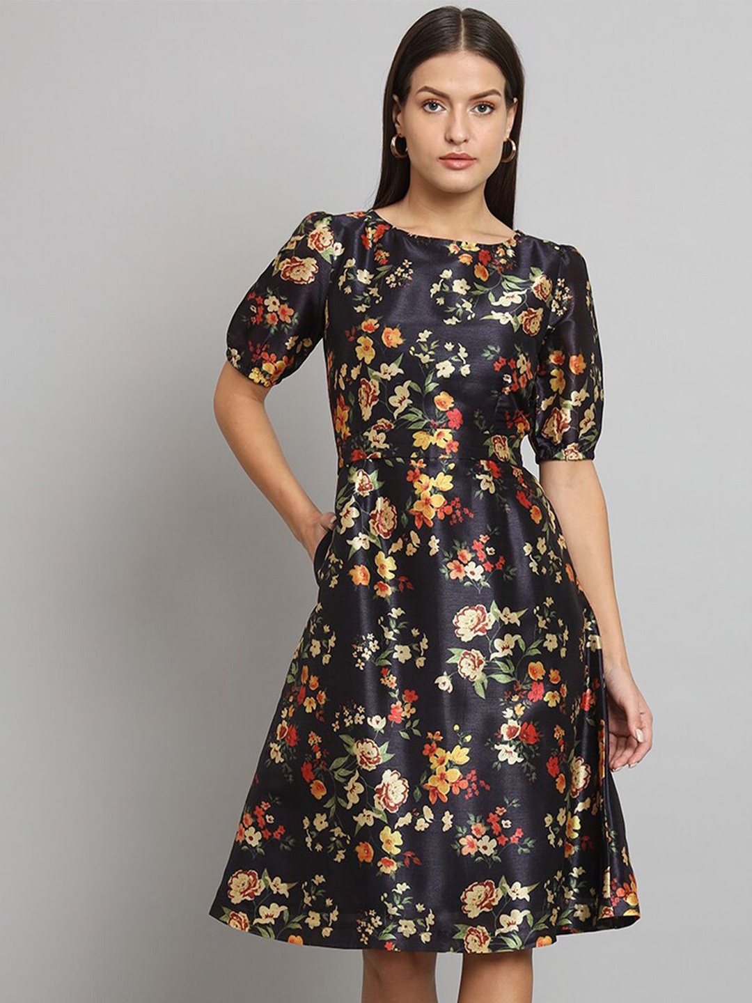 

PowerSutra Women Floral Printed Fit & Flare Dress, Black