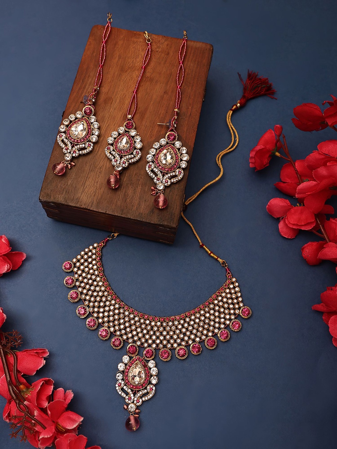 

Anouk Gold-Plated CZ Stone-Studded & Beaded Necklace and Earrings With Maang Tika
