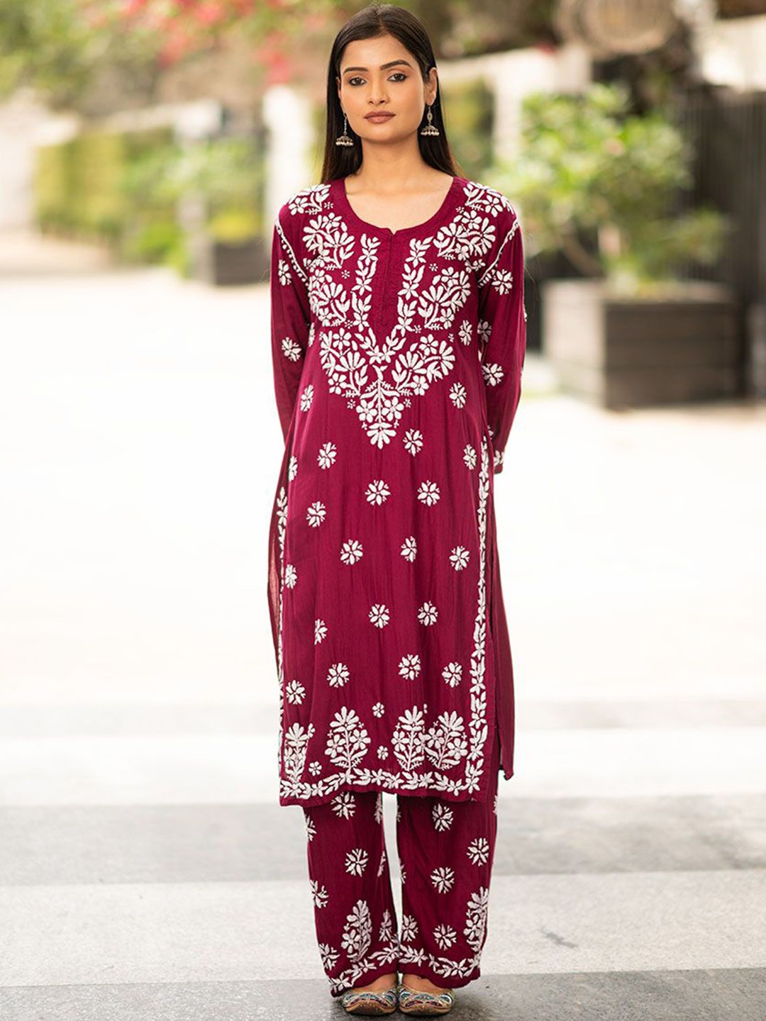 

Rangreza Ethnic Floral Embroidered Chikankari Straight Kurta With Palazzos, Maroon
