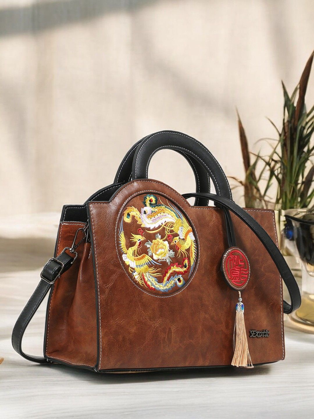 

Exotic Women Textured Structured Leather Handheld Bag, Brown