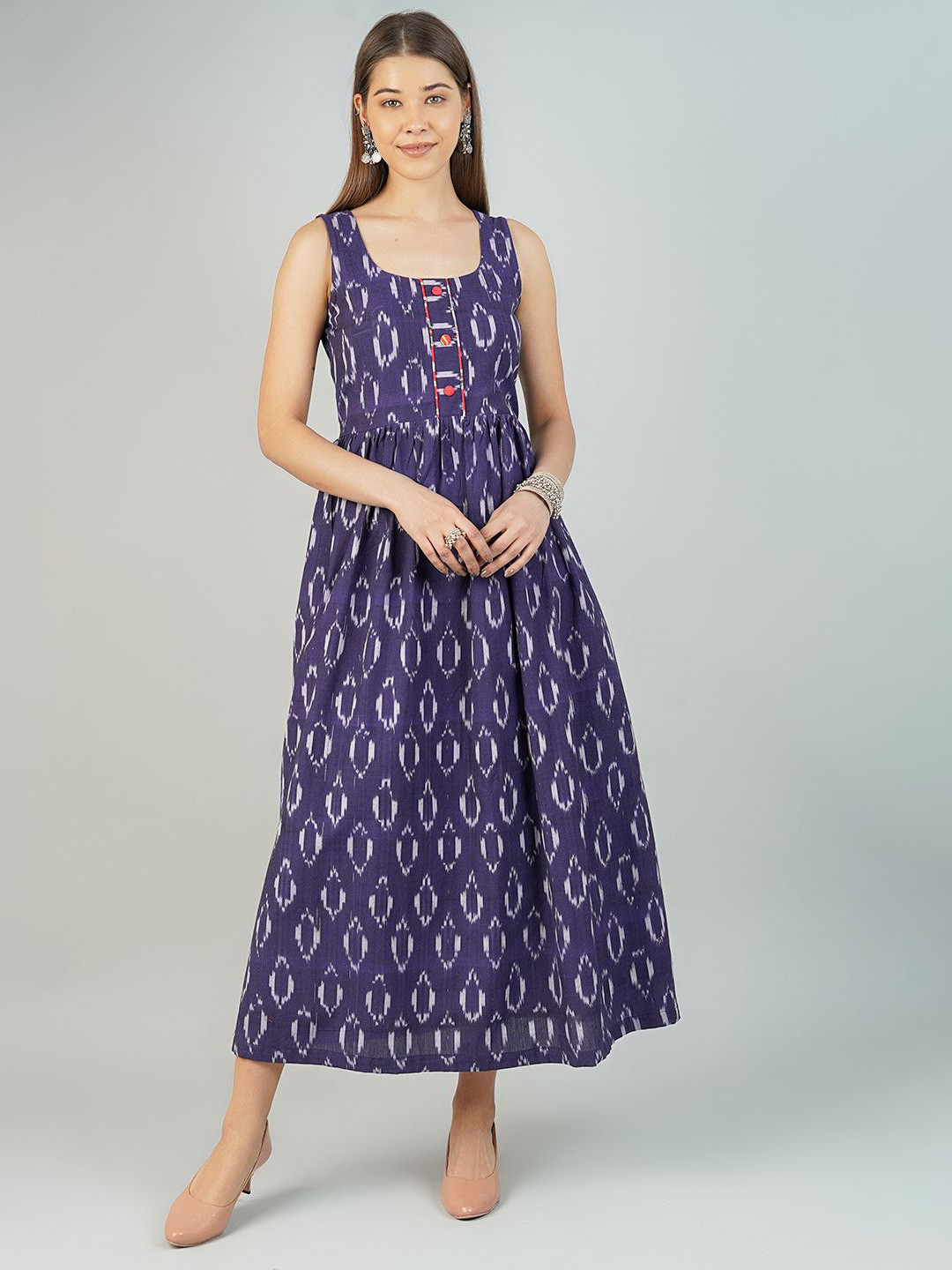 

INDOPHILIA Women Cotton Ethnic Motifs Round Neck Sleeveless Fit and Flare Midi Dress, Blue