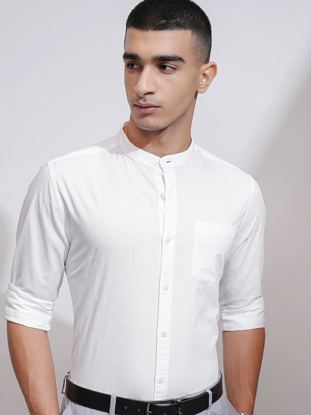

Highlander Men Jacquard Textured Solid Mandarin Collar Casual Regular Fit Shirt, White