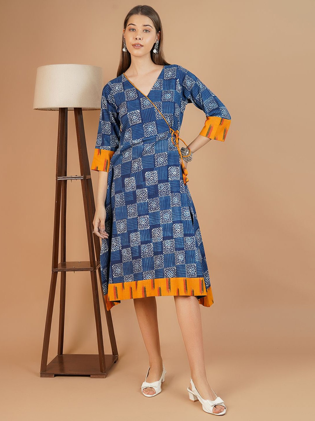

INDOPHILIA Women Ethnic Printed Indigo Cotton A-line Dress, Blue