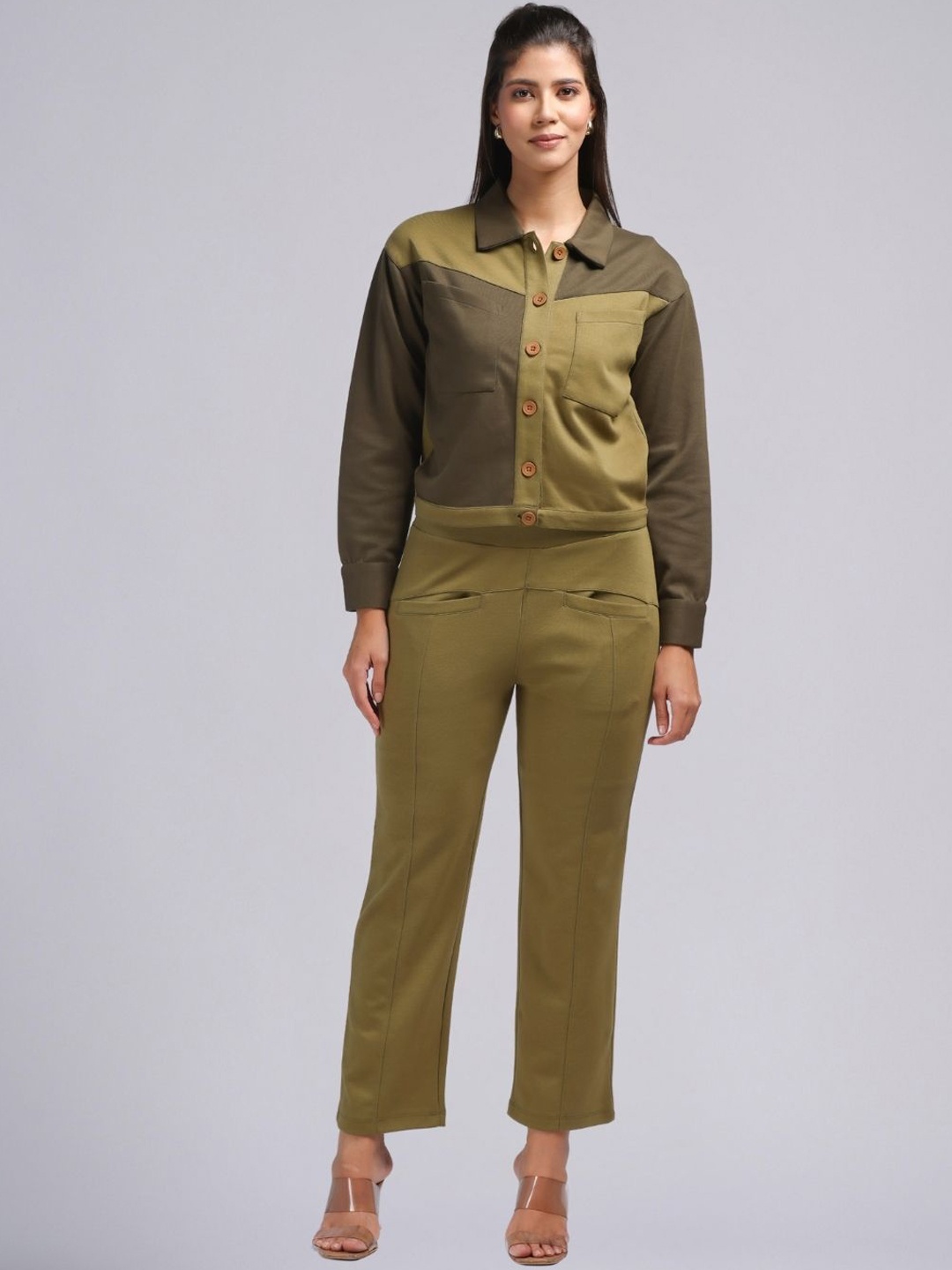 

PUREMIST Colourblocked Shirt Collar Long Sleeves Shirt With Trouser, Olive
