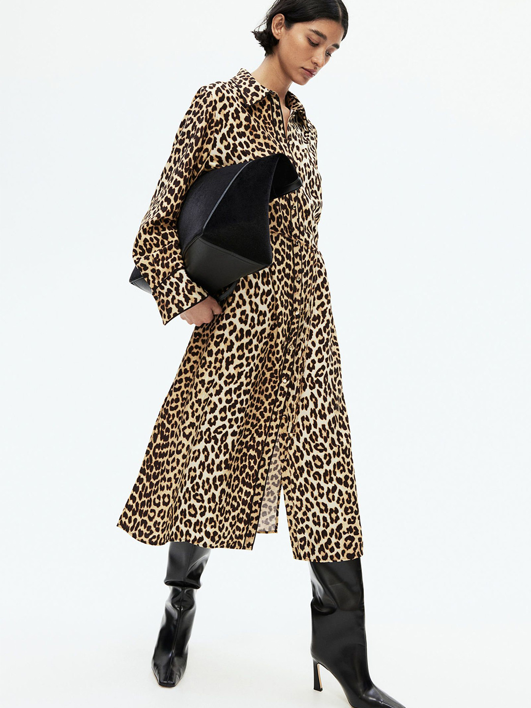 

H&M Animal Print Shirt Midi Dress, Beige