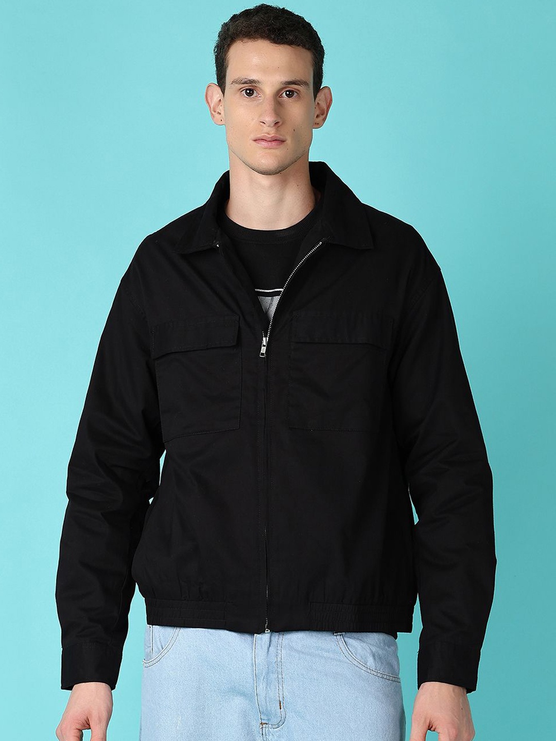 

V-Mart Men Spread Collar Solid Cotton Casual Bomber Jacket, Black