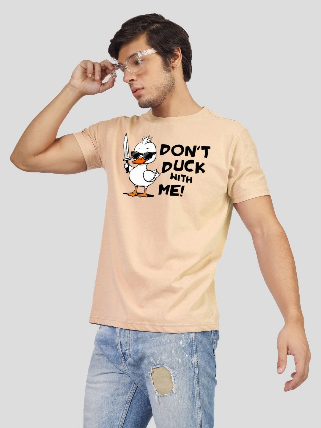 

Greylongg Men Graphic Printed Round Neck Cotton T-shirt, Beige