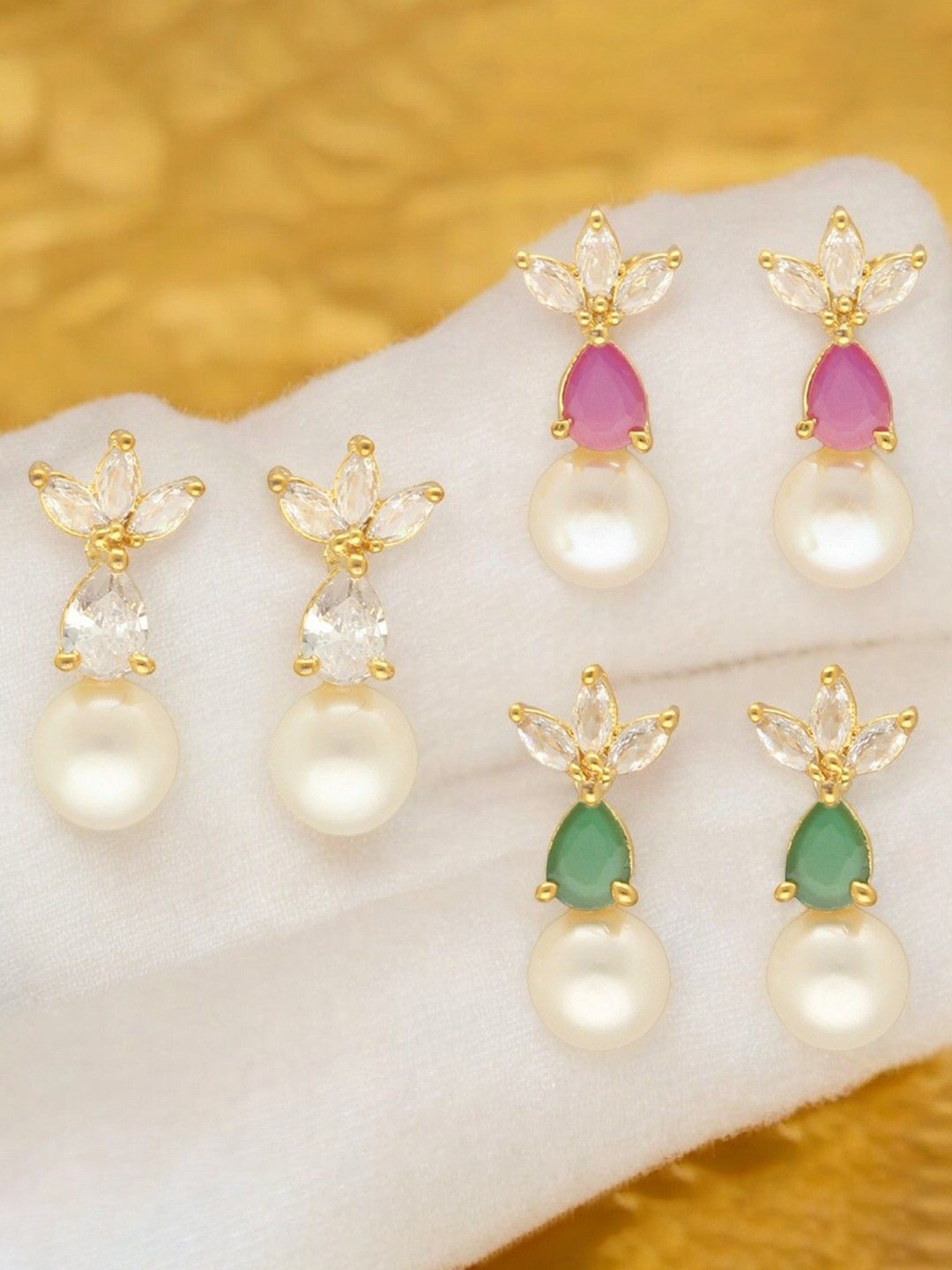 

Sri Jagdamba Pearls Dealer Hansin Set Of 3 Beaded Drop Earrings, Gold