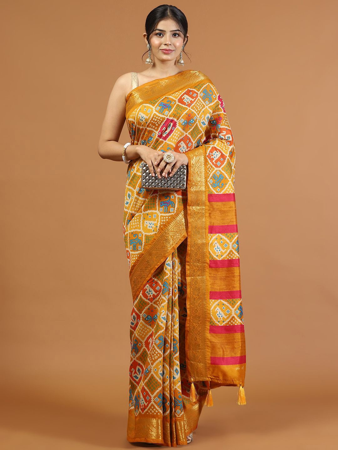 

Meena Bazaar Ethnic Motifs Art Silk Tussar Saree, Mustard