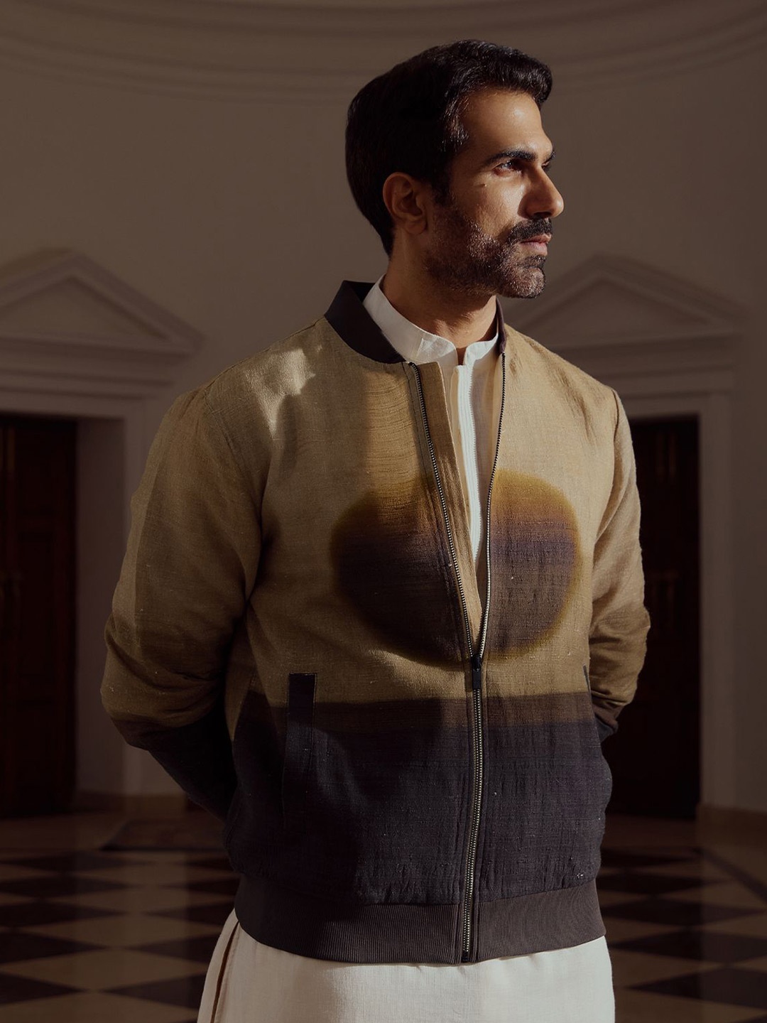 

Andamen Men Stand Collar Colourblocked Silk Casual Bomber Jacket, Beige