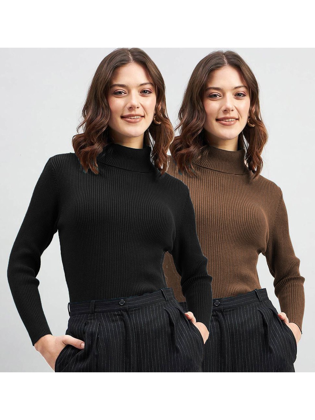 

CLAFOUTIS Women Pack Of 2 Solid High Neck Slim Fit T-shirts, Black