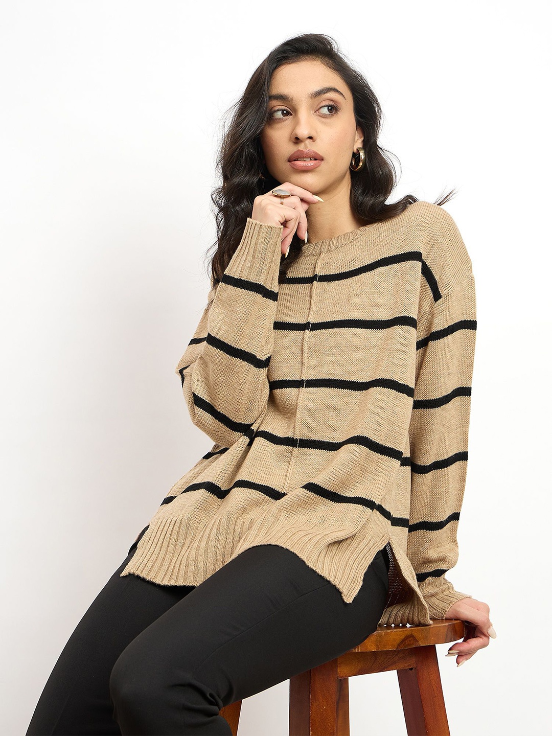 

SALT ATTIRE Women Striped Woollen Pullover, Beige