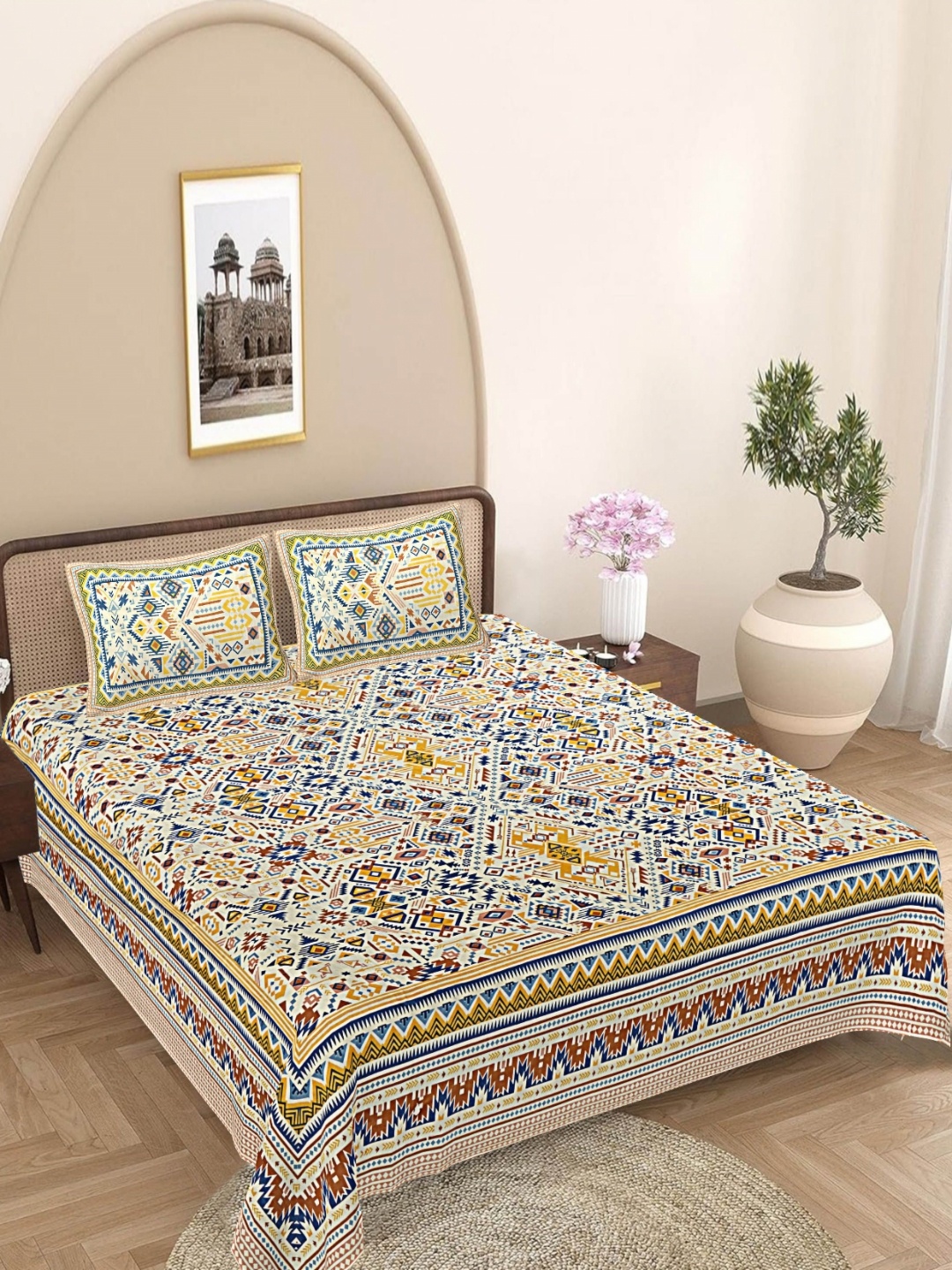 

FrionKandy Living Yellow Geometric Printed 180 TC Cotton King Bedsheet Set 2.12 m x 2.62 m