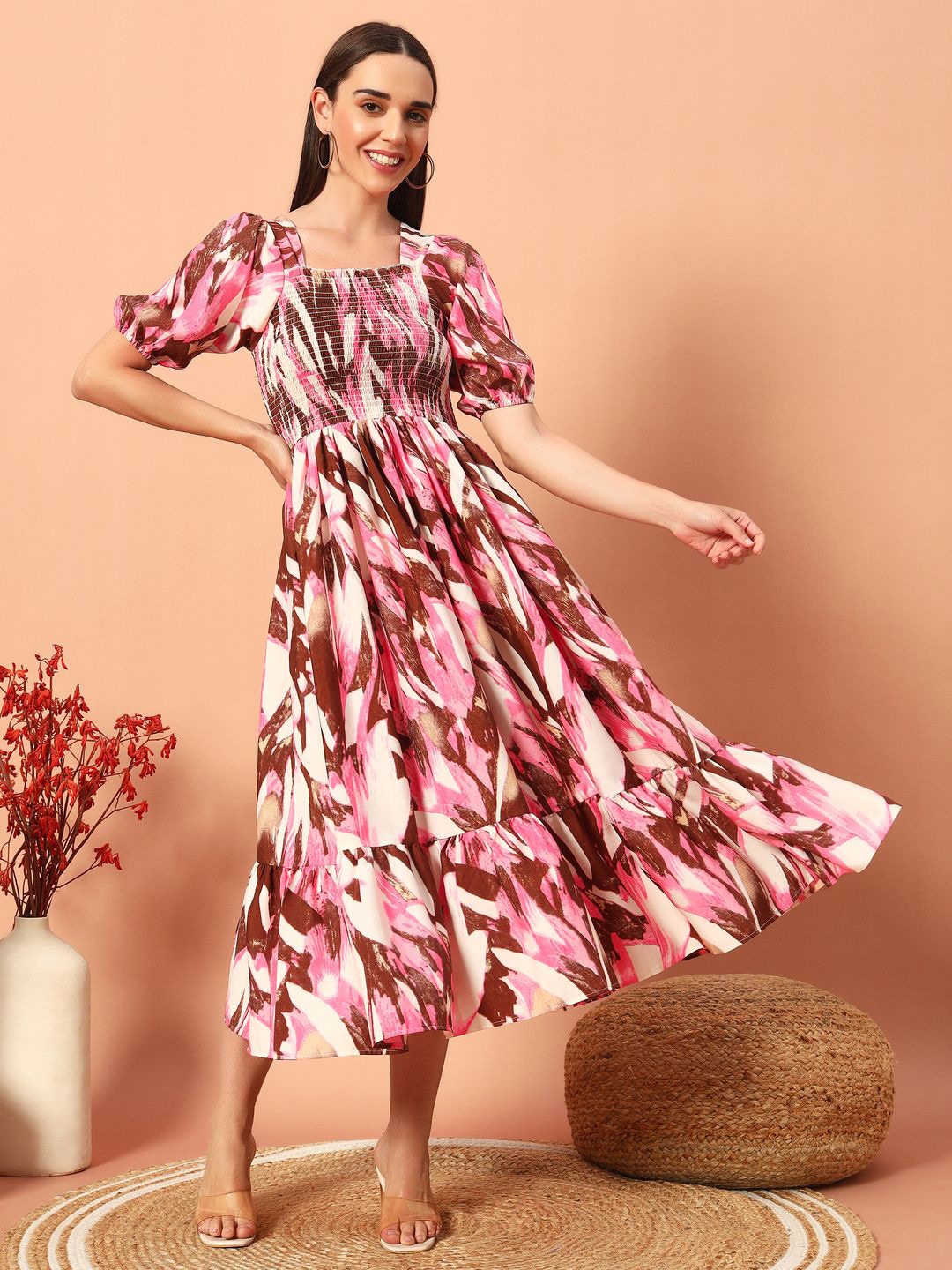 

OTABU Women Puff Sleeve Fit and Flare Midi Dress, Pink