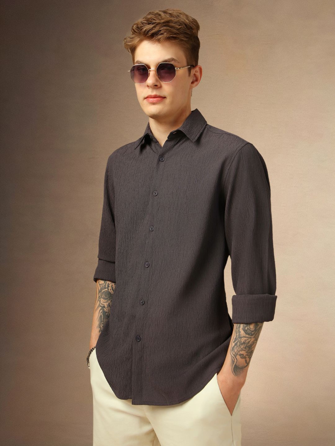 

Dennis Lingo Men Spread Collar Textured Casual Shirt, Grey