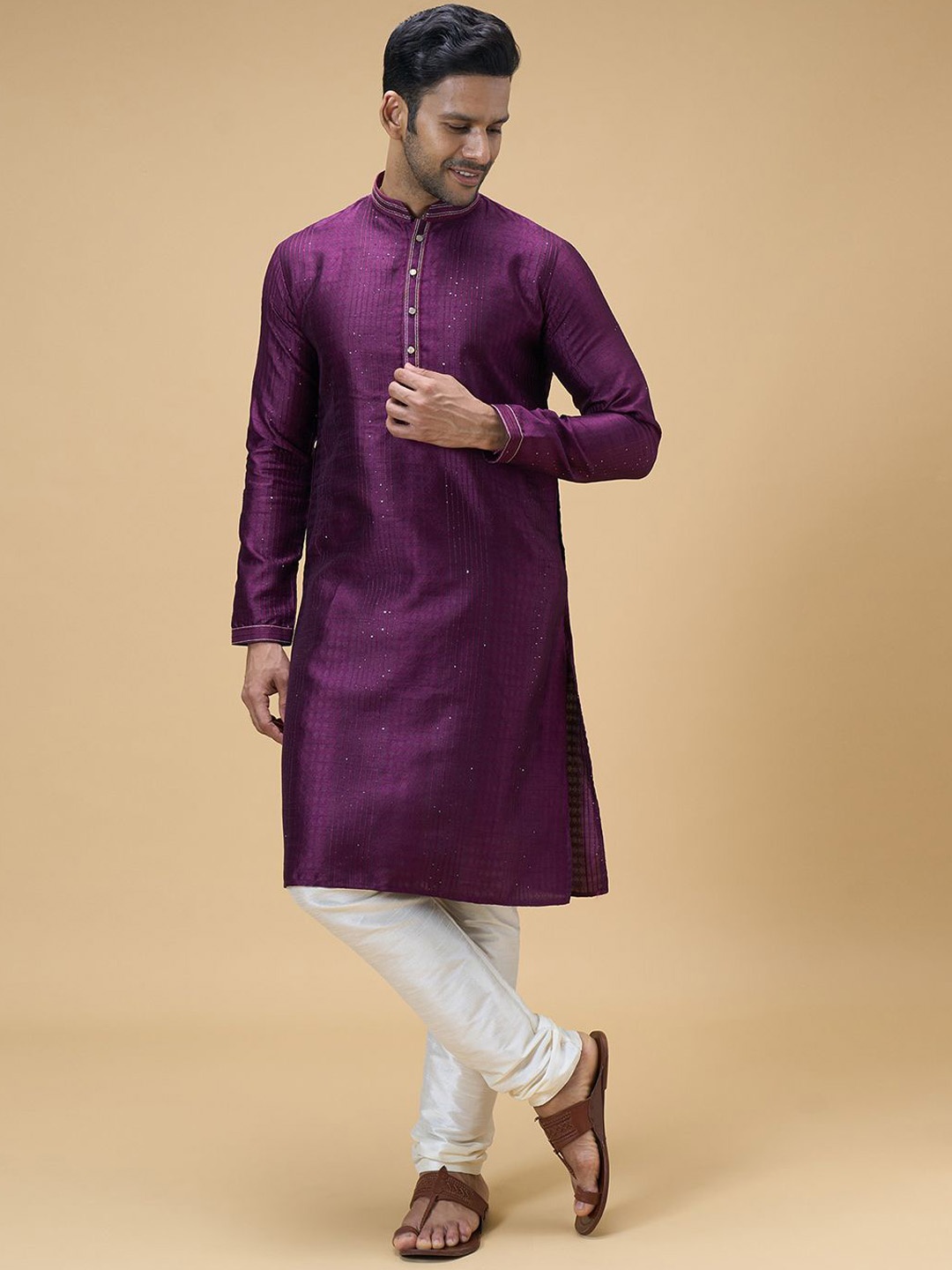 

Arihant Rai Sinha Mandarin Collar Geometric Woven Design Sequinned Kurta with Churidar, Magenta