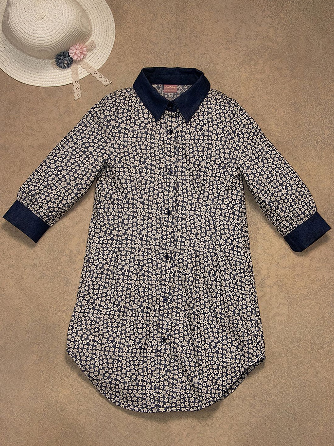 

One Friday Girls Cotton Floral Printed Shirt Dress, Blue