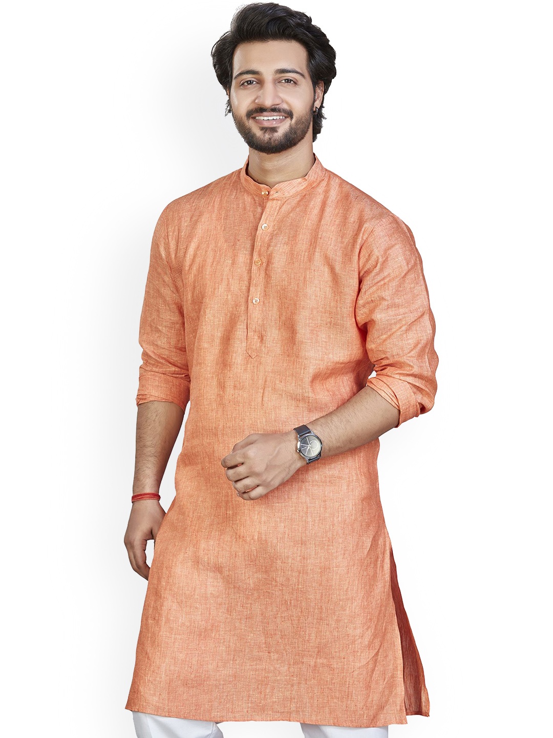 

Authentics Band Collar Woven Design Straight Kurta, Orange