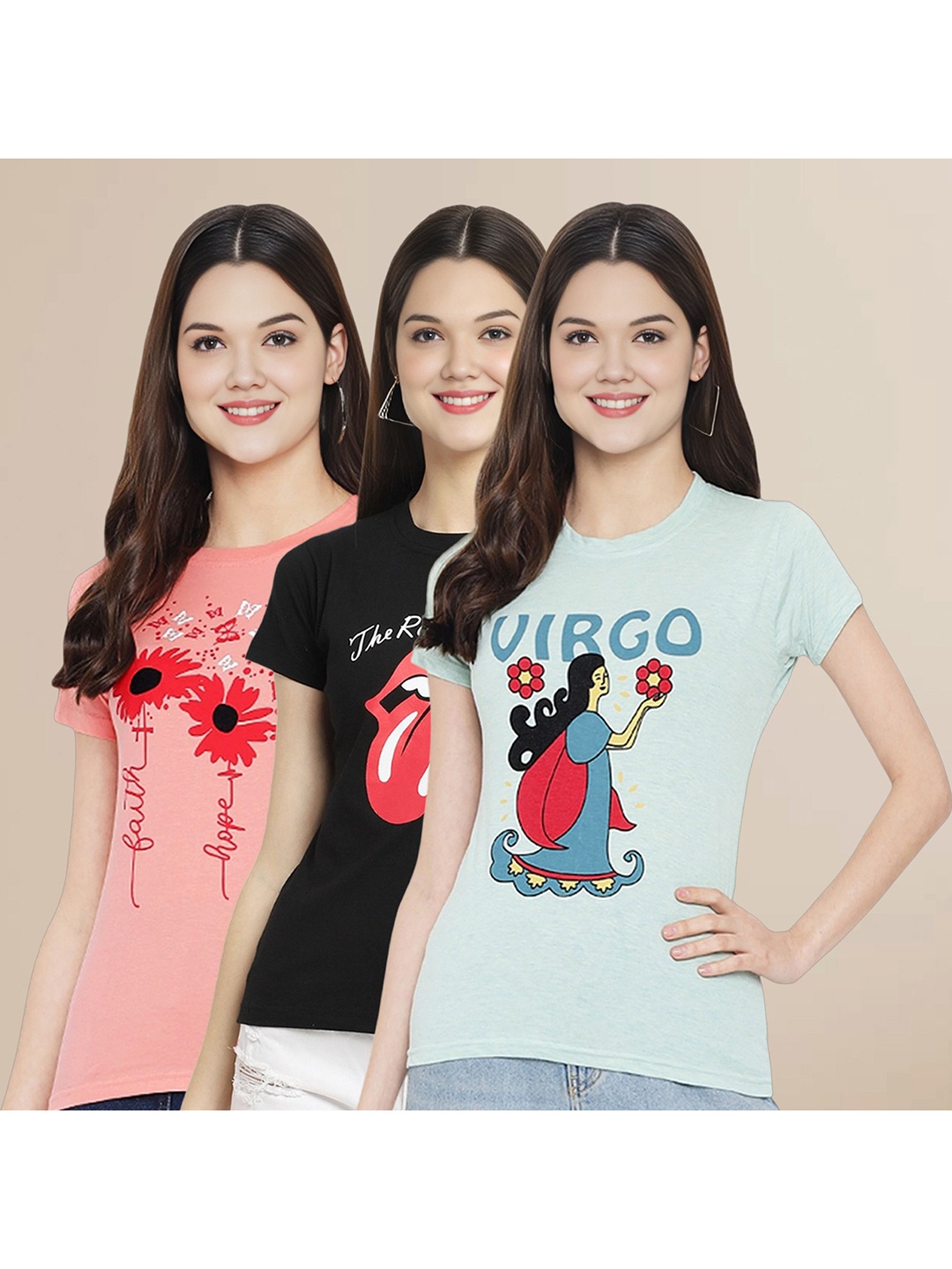 

Metronaut Women Pack Of 3 Typography Printed Round Neck Cotton T-shirts, Black