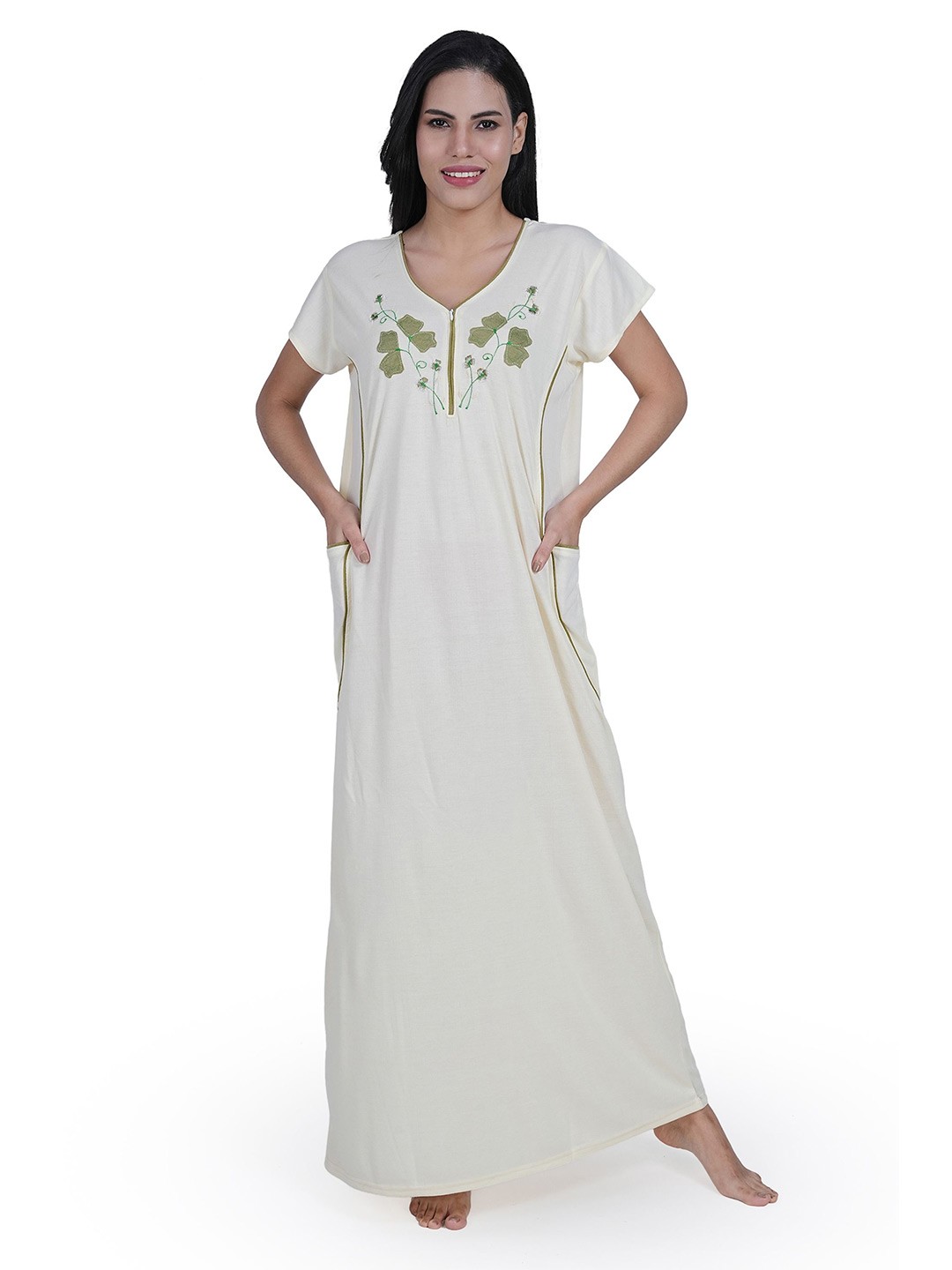 

Noty Women Embroidered V-Neck Short Sleeves Everyday Maxi Nightdress, Cream