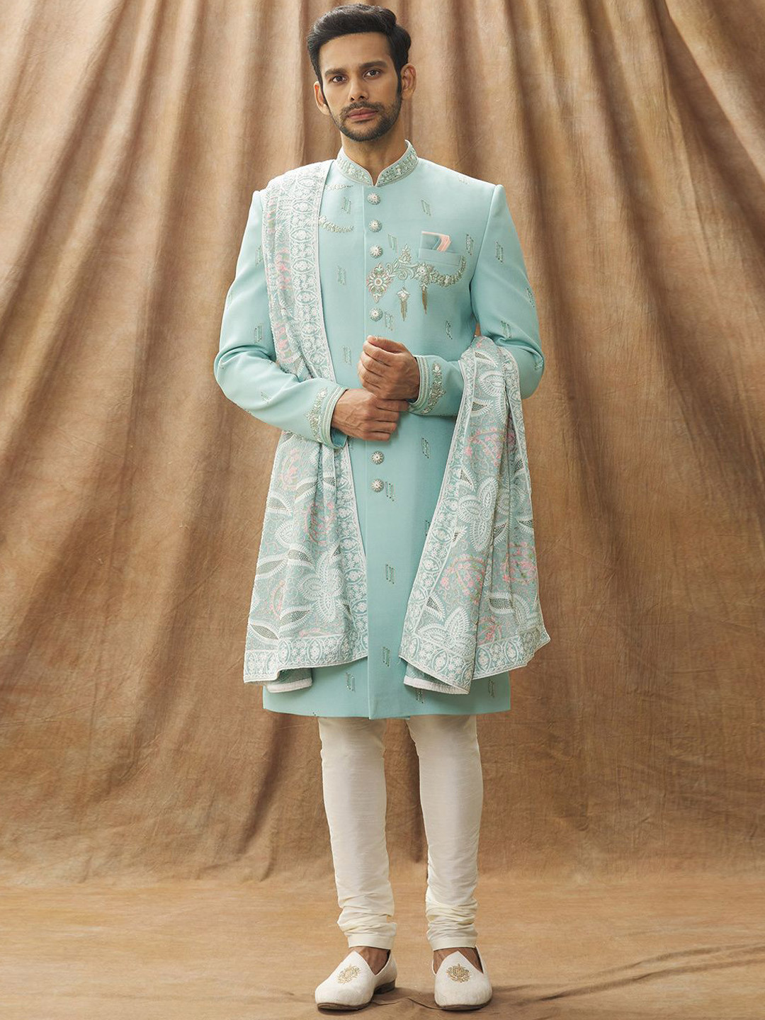 

Arihant Rai Sinha Men Embroidered Sherwani With Churidar Set, Blue